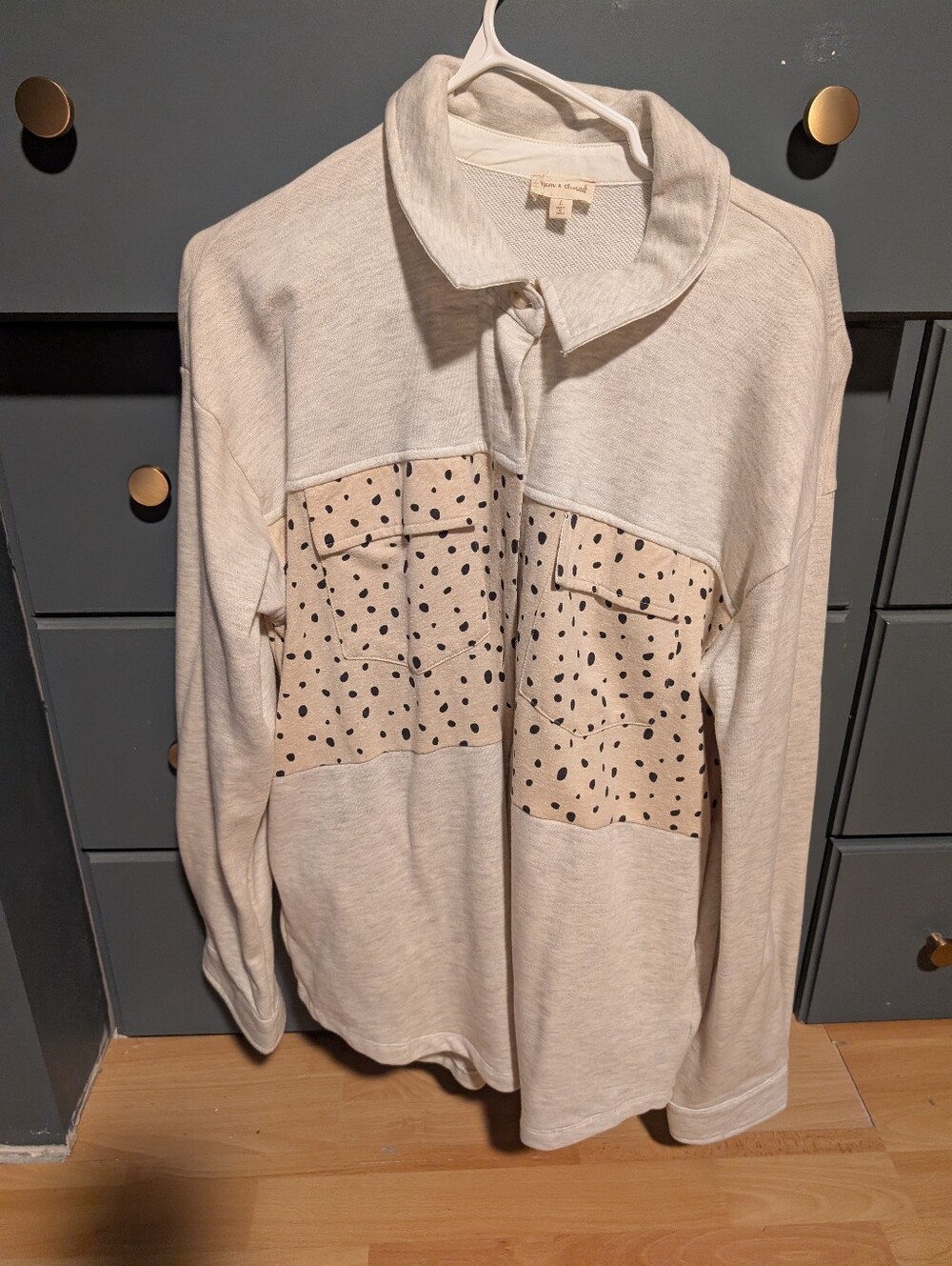 Cream Long Sleeve Button Up with Polka Dot Panel